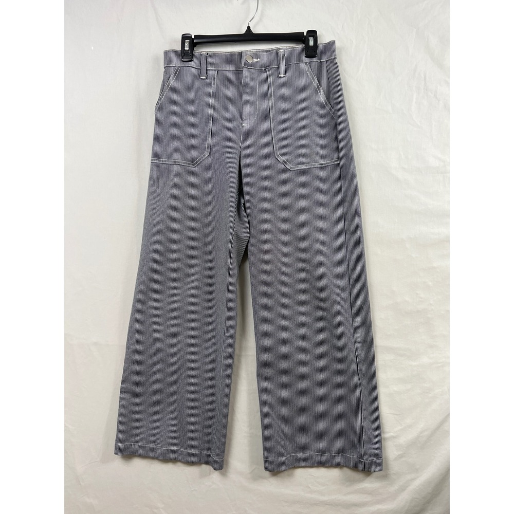 Evereve Pinstripe Wide Leg Utility Pants Womens 27 Navy White High Rise Stretch